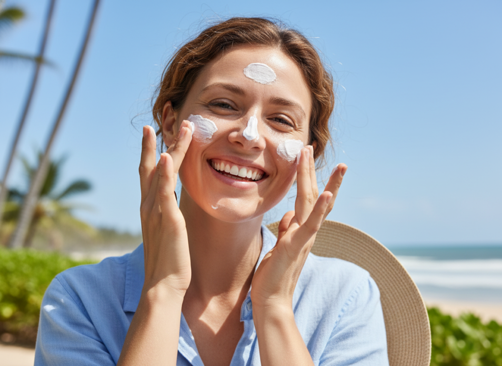 woman applying sunscreen as final morning step in dry skin care routine