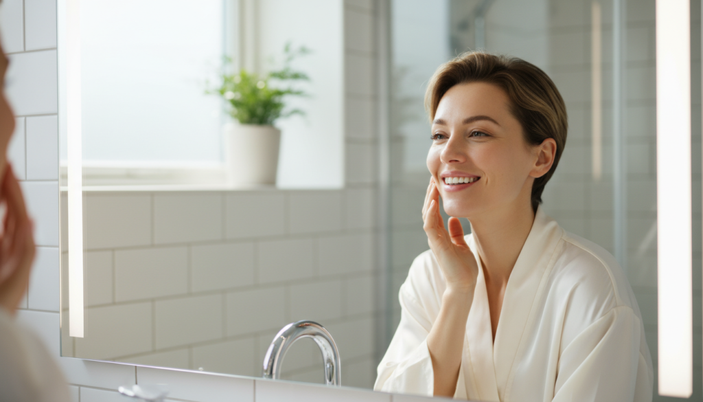 woman celebrating clear skin transformation results