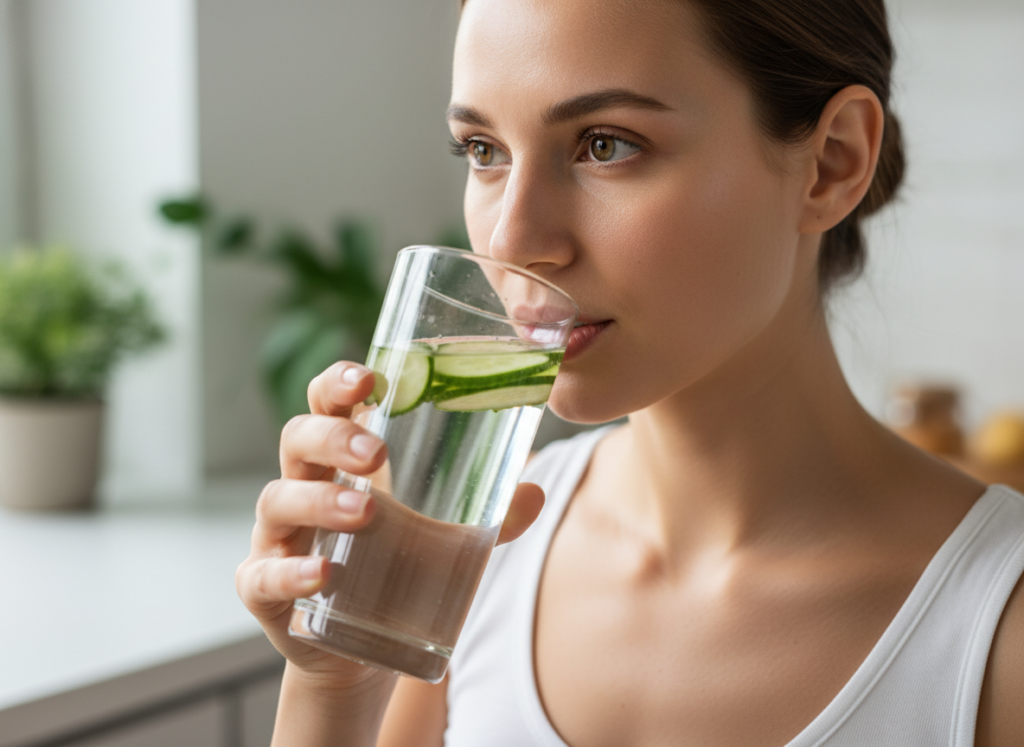 woman drinking detox water showing glowing skin benefits