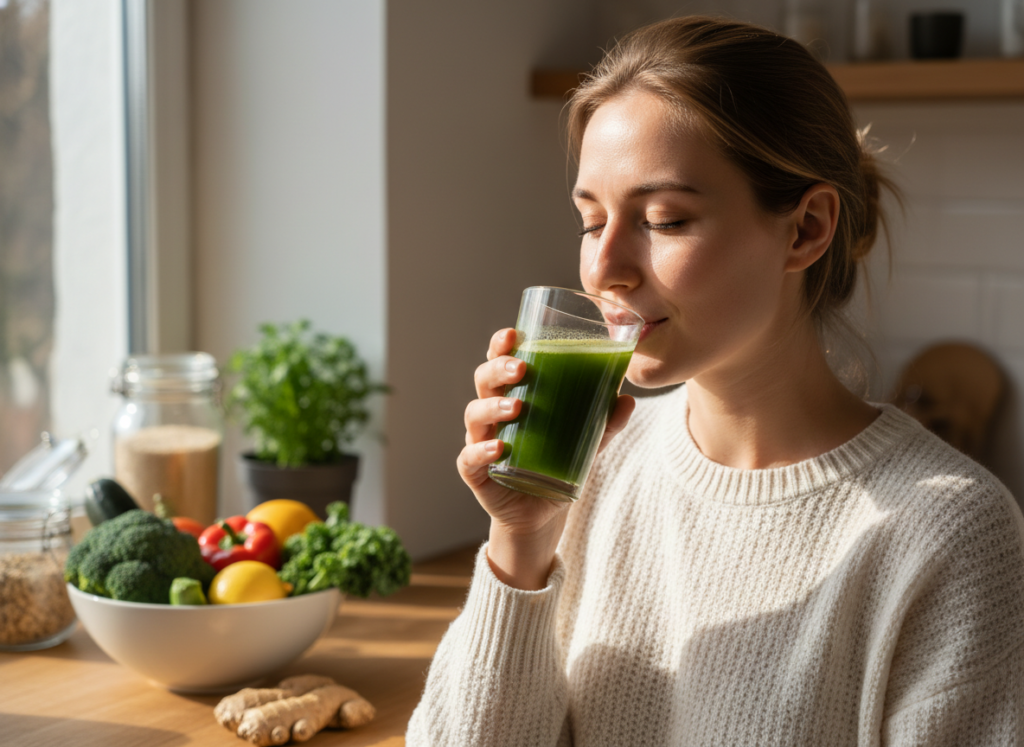 woman drinking green juice for clear skin