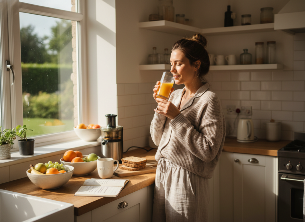 woman drinking morning juice routine