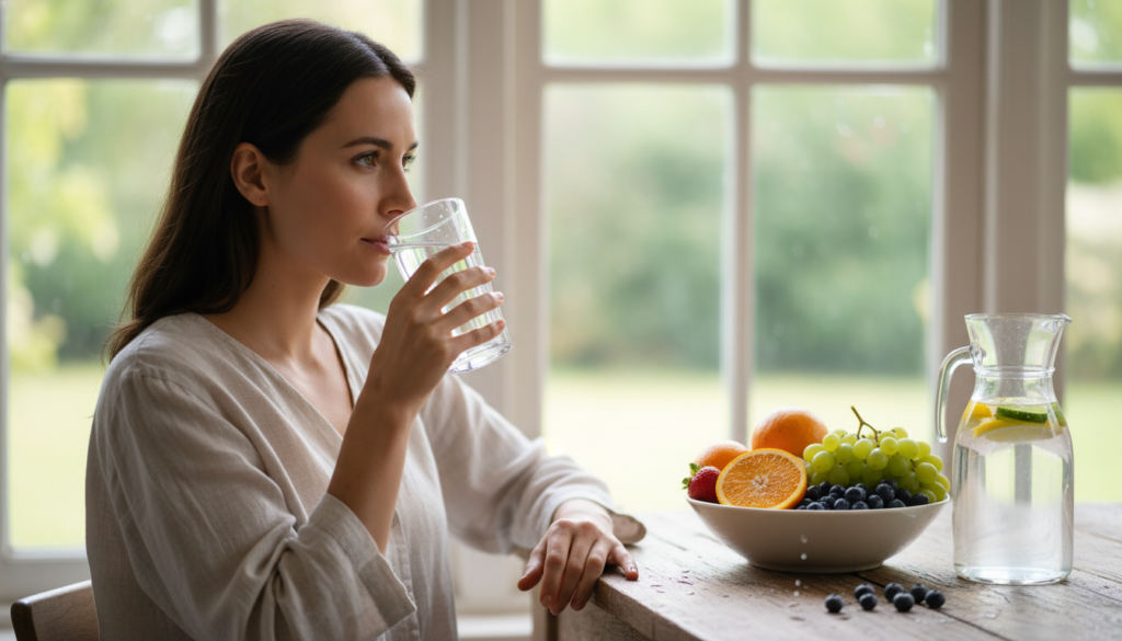 woman drinking water for skin hydration