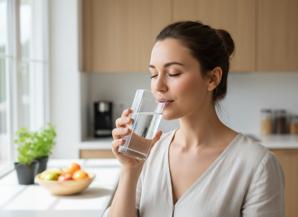 woman drinking water glass with clear skin glowing