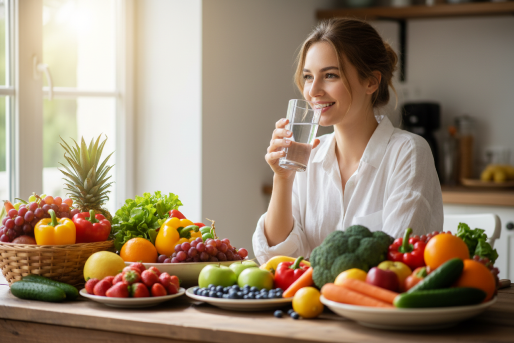 woman drinking water with fresh fruits on table woman drinking water with fresh fruits on table