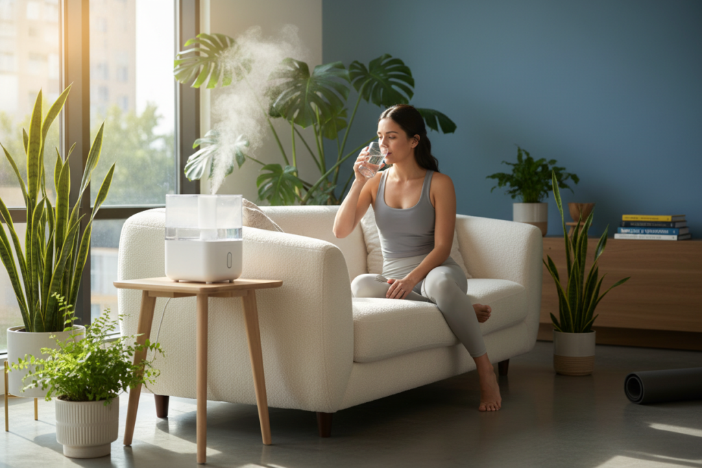woman drinking water with humidifier in background supporting skin hydration