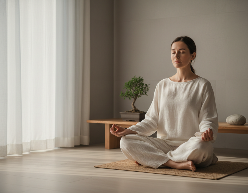 woman meditating peacefully in calm environment woman meditating peacefully in calm environment