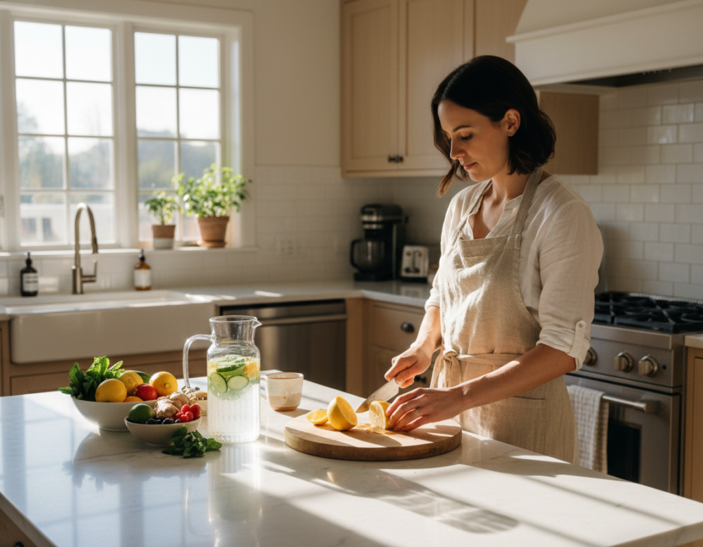 woman preparing detox water in kitchen with fresh ingredients