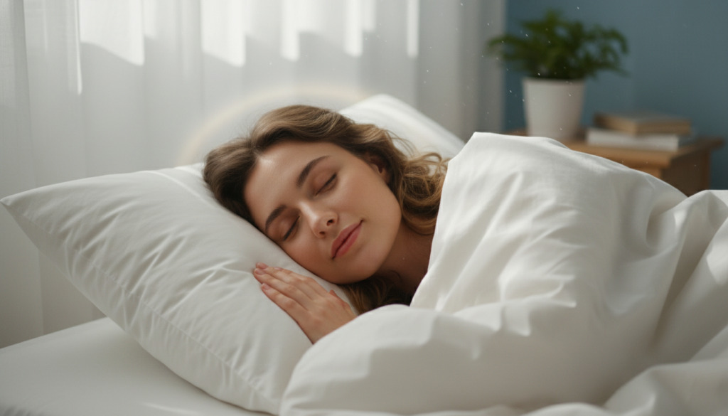 woman sleeping peacefully on clean white pillows representing healthy sleep habits