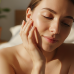woman touching clear glowing facial skin in morning light