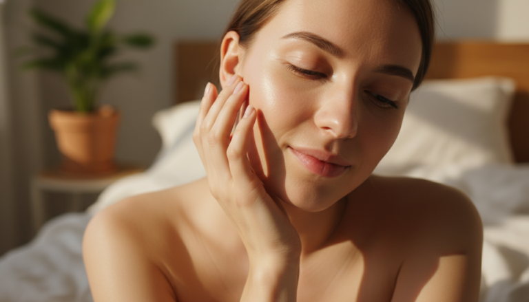 woman touching clear glowing facial skin in morning light