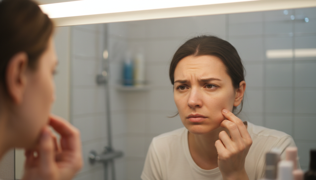woman touching face with concern about acne