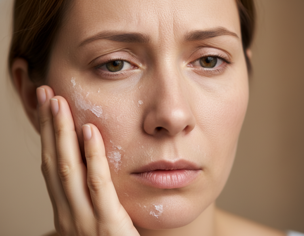 woman touching uncomfortable dry flaky skin showing skincare mistakes