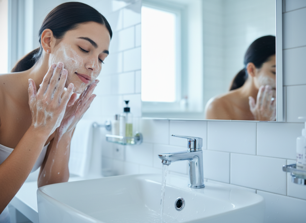 woman washing face with gentle cleanser at bathroom sink
