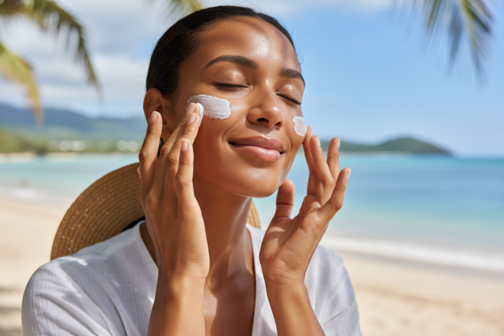 woman with brown skin applying sunscreen for sun protection