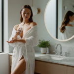 woman with clear body skin applying body care products in bathroom