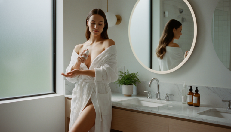 woman with clear body skin applying body care products in bathroom