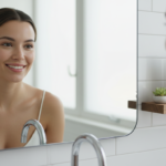woman with clear glowing skin looking in mirror examining face