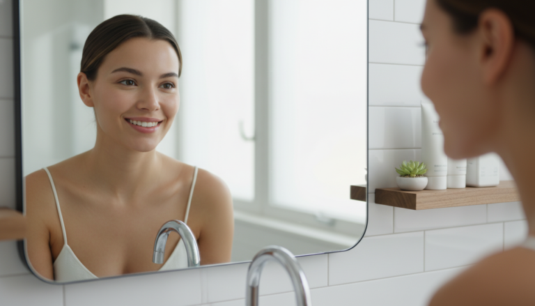 woman with clear glowing skin looking in mirror examining face