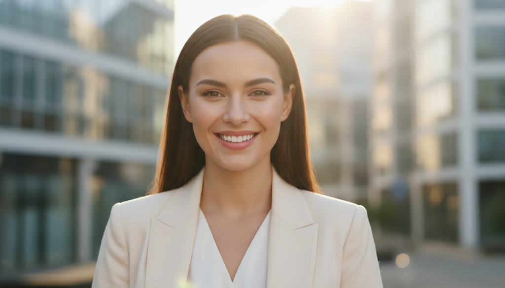 woman with clear glowing skin smiling confidently