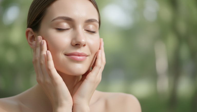 woman with clear glowing skin touching her face gently
