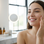 woman with clear healthy glowing skin applying natural face treatment in bright bathroom