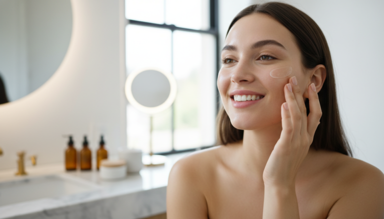 woman with clear healthy glowing skin applying natural face treatment in bright bathroom