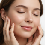 woman with clear healthy skin touching face oily skin care routine