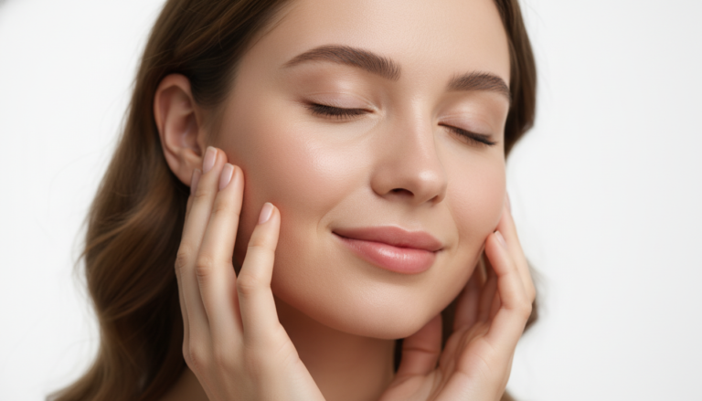 woman with clear healthy skin touching face oily skin care routine