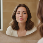 woman with clear skin looking in mirror naturally glowing complexion