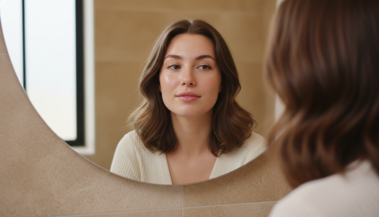 woman with clear skin looking in mirror naturally glowing complexion