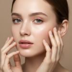 woman with glowing radiant skin touching her face with confidence