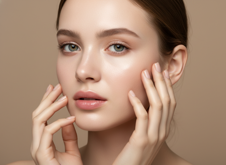 woman with glowing radiant skin touching her face with confidence