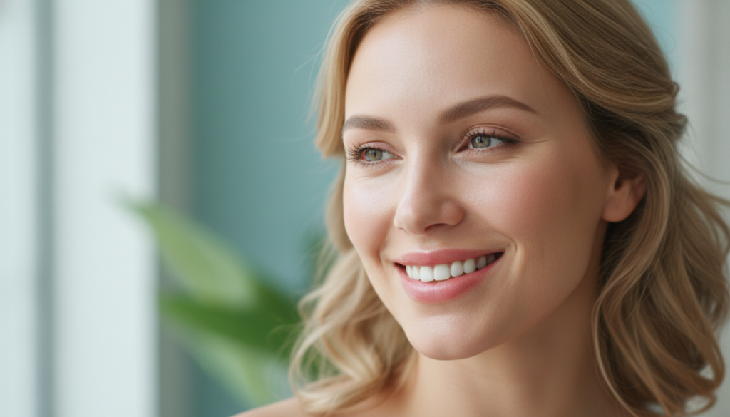 woman with healthy hydrated skin after following dry skin care routine