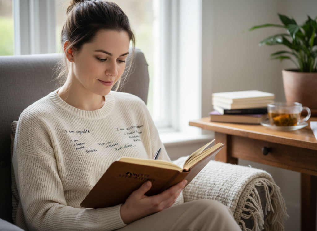 woman writing in journal with positive mindset woman writing in journal with positive mindset