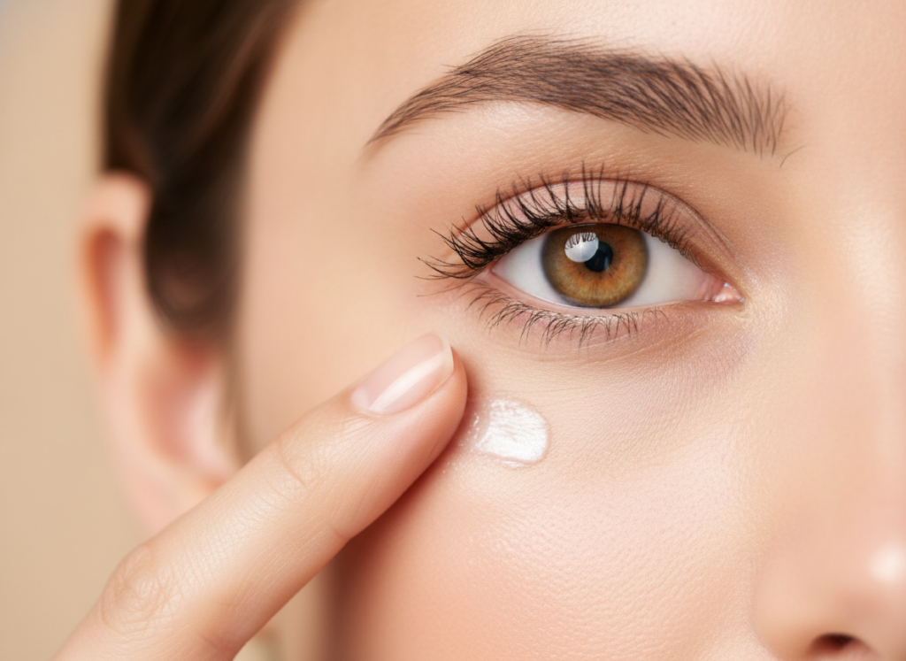 Application of eye cream to reduce fine lines and wrinkles