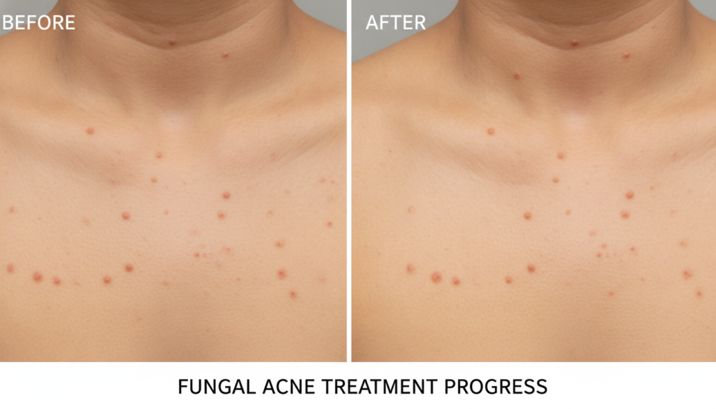 Before and after comparison showing improvement in fungal acne with proper routine