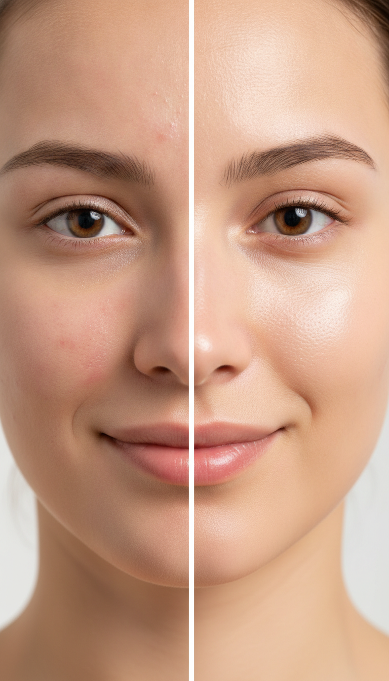 Clear skin transformation showing before and after acne skin care routine results