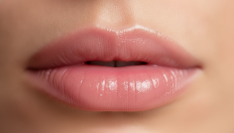 Close-up of naturally glossy, healthy pink lips with soft lighting