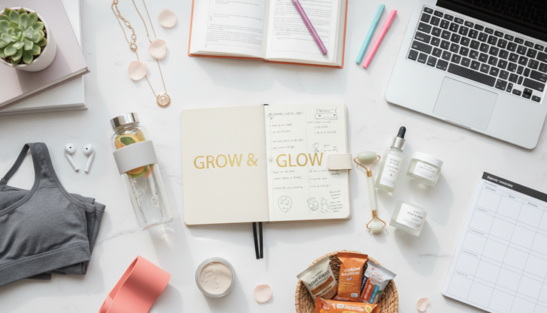 College student glow up transformation journey with beauty and wellness items