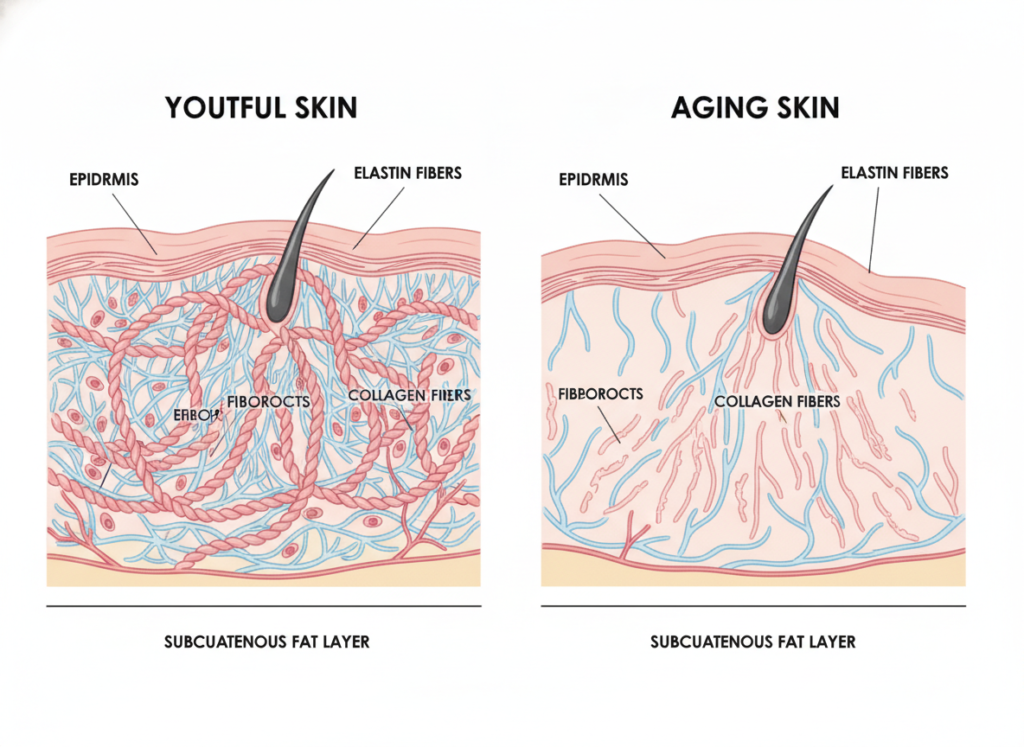 Comparison showing collagen structure in youthful versus aging skin