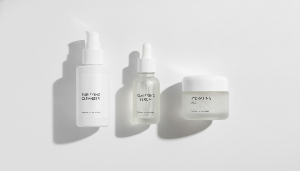 Complete fungal acne skincare routine products arranged in order of application