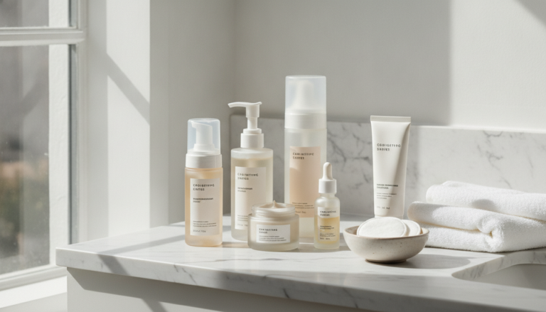Daily Skin Care Routine essentials arranged on marble countertop with natural lighting