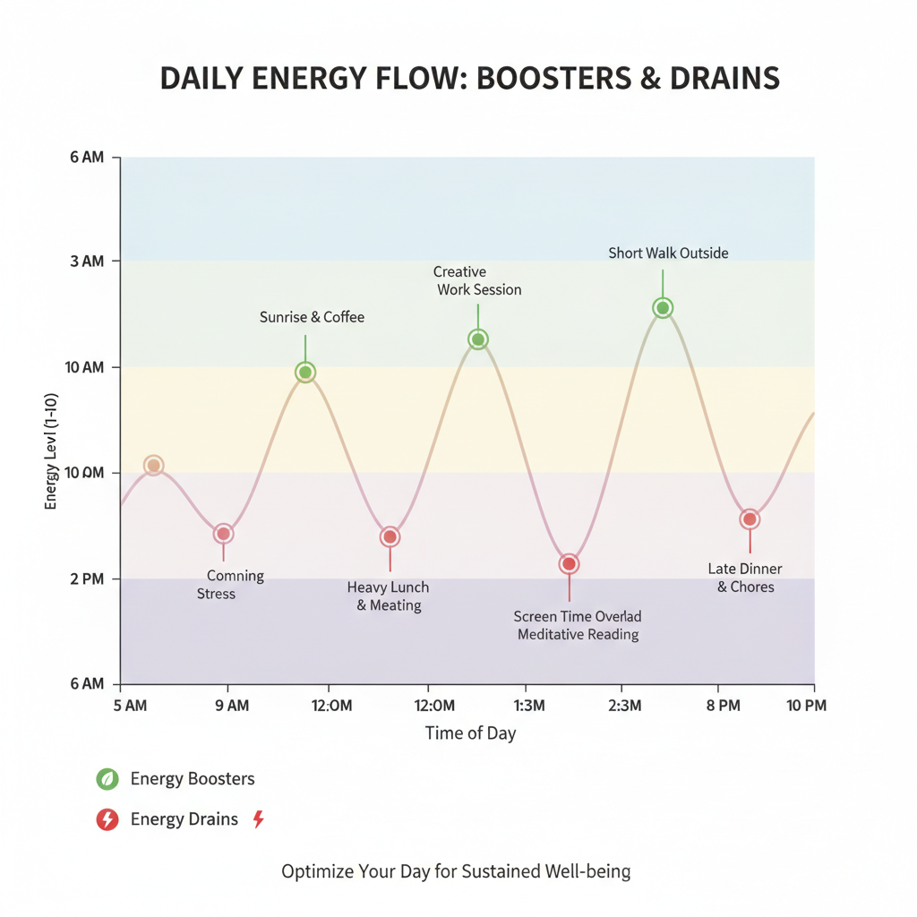 Energy visualization showing high and low energy activities throughout the day Energy visualization showing high and low energy activities throughout the day