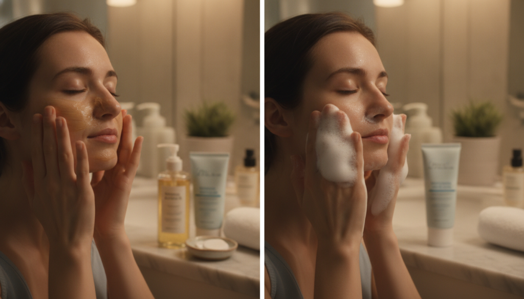 Evening double cleanse skincare routine removing makeup