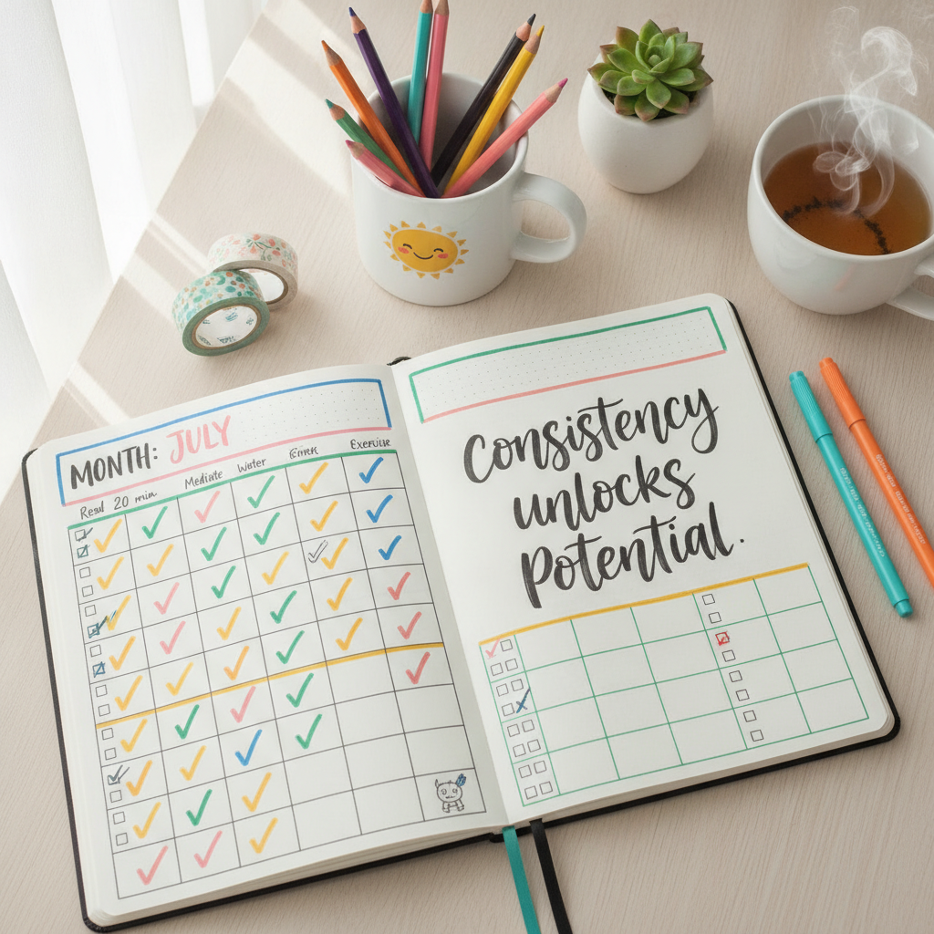 Habit tracking journal with checkmarks showing consistency and progress