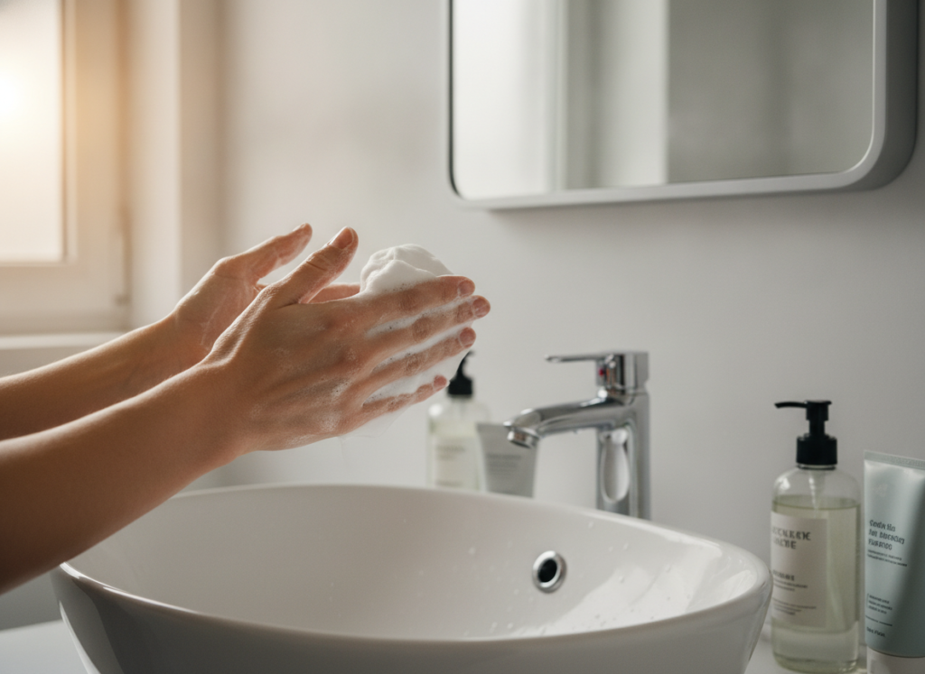 Hands applying gentle cleanser to face as part of fungal acne skincare routine