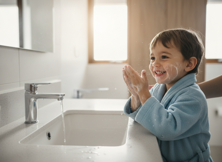 Happy child washing face with gentle cleanser in bathroom