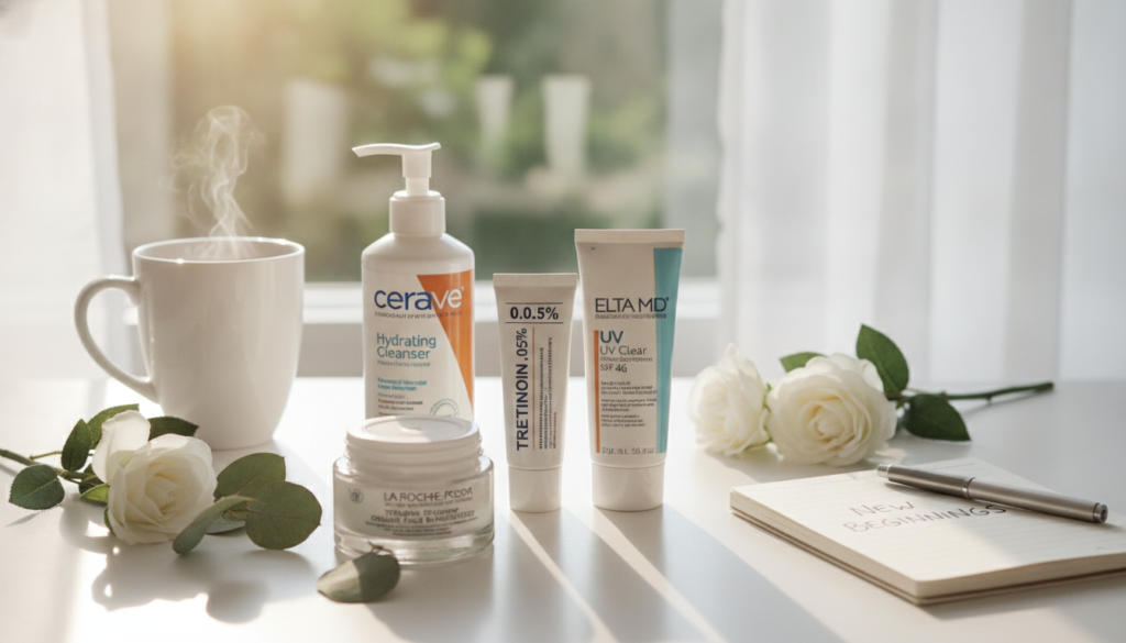 Hopeful beginning of tretinoin journey with skincare products ready