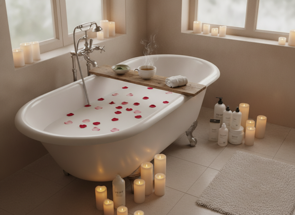 Korean bath ritual setup with bath products and ambiance