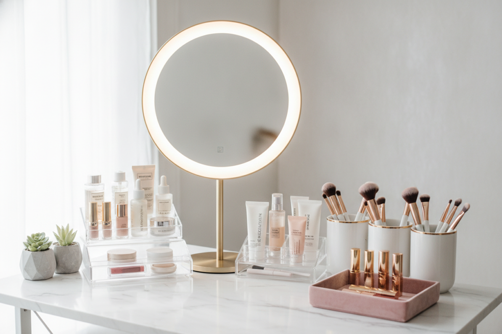 Korean beauty routine organization and product storage